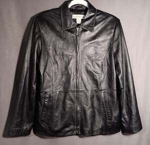 Modern Essentials Leather Jacket Women’s Medium Black Full Zip Pick Stitch Moto